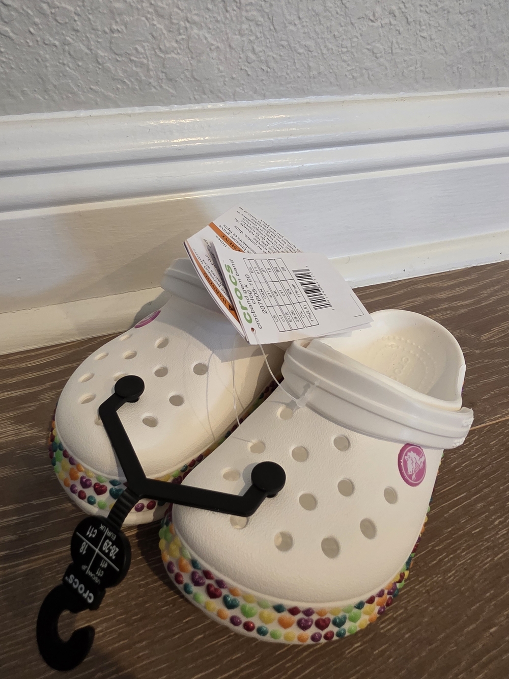 NWT CROCS White Kids Clogs with Rainbow Heart Trim Girls Size 11